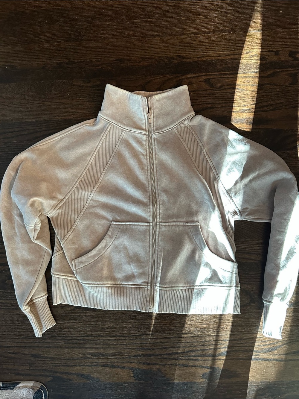 Zenana Oversized Soft Zip-Up Jacket – Beige, Ribbed Trim, Pockets, Bomber Style